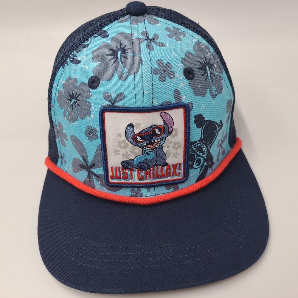 Stitch Hat Snapback Trucker Mesh Disney Blue Floral Just Chillax Lilo & Stitch
